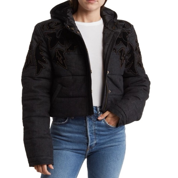 Free People Fleur de Lis Denim Cropped Puffer Jacket Size Medium - Picture 1 of 9